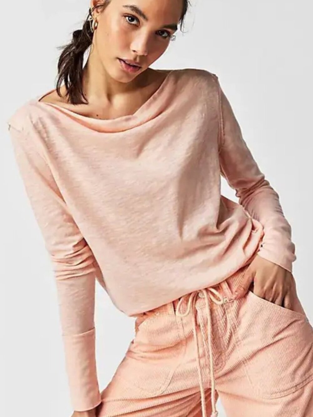 FREE PEOPLE WE THE FREE Kimmi Long Sleeve Top in Pretty in Peach Medium Boho